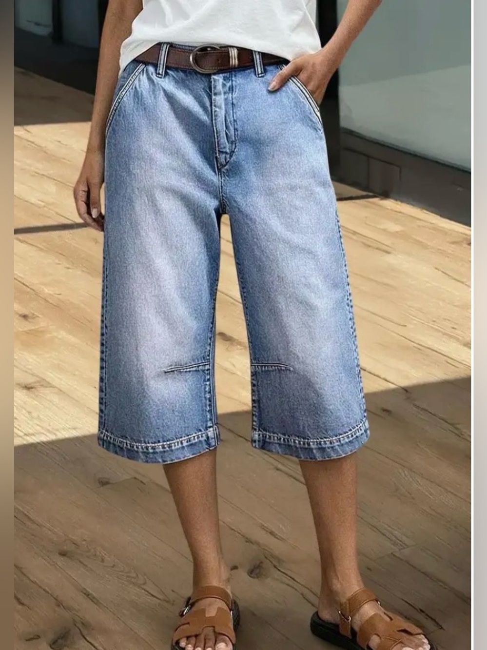 Flamingals WashStitch Detail High Rise Wide Leg Capri Jeans